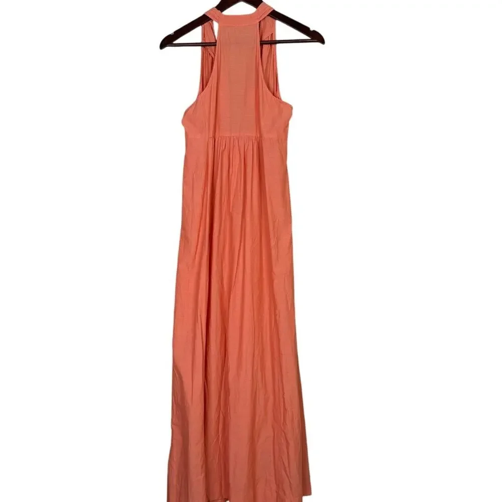 J.Crew Chambray  Sleeveless Halter Tie Front Maxi Dress VNeck Lightweight Salmon